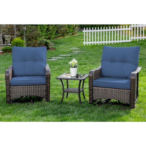 Halmuz 3-Piece Wicker Swivel Outdoor Rocking Chairs with Coffee Table and Cushion Navy Blue