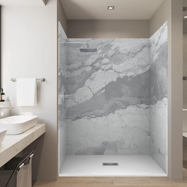CASTICO Italian Ice 36 in. x 60 in. x 84 in. Solid Composite Stone Alcove Shower Kit with Walls and White Pan Base Center Drain