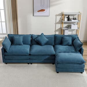 112.2 in. W L-Shaped Chenille Modern Luxury Sectional Sofa in. Blue with Ottoman and 5 Pillows