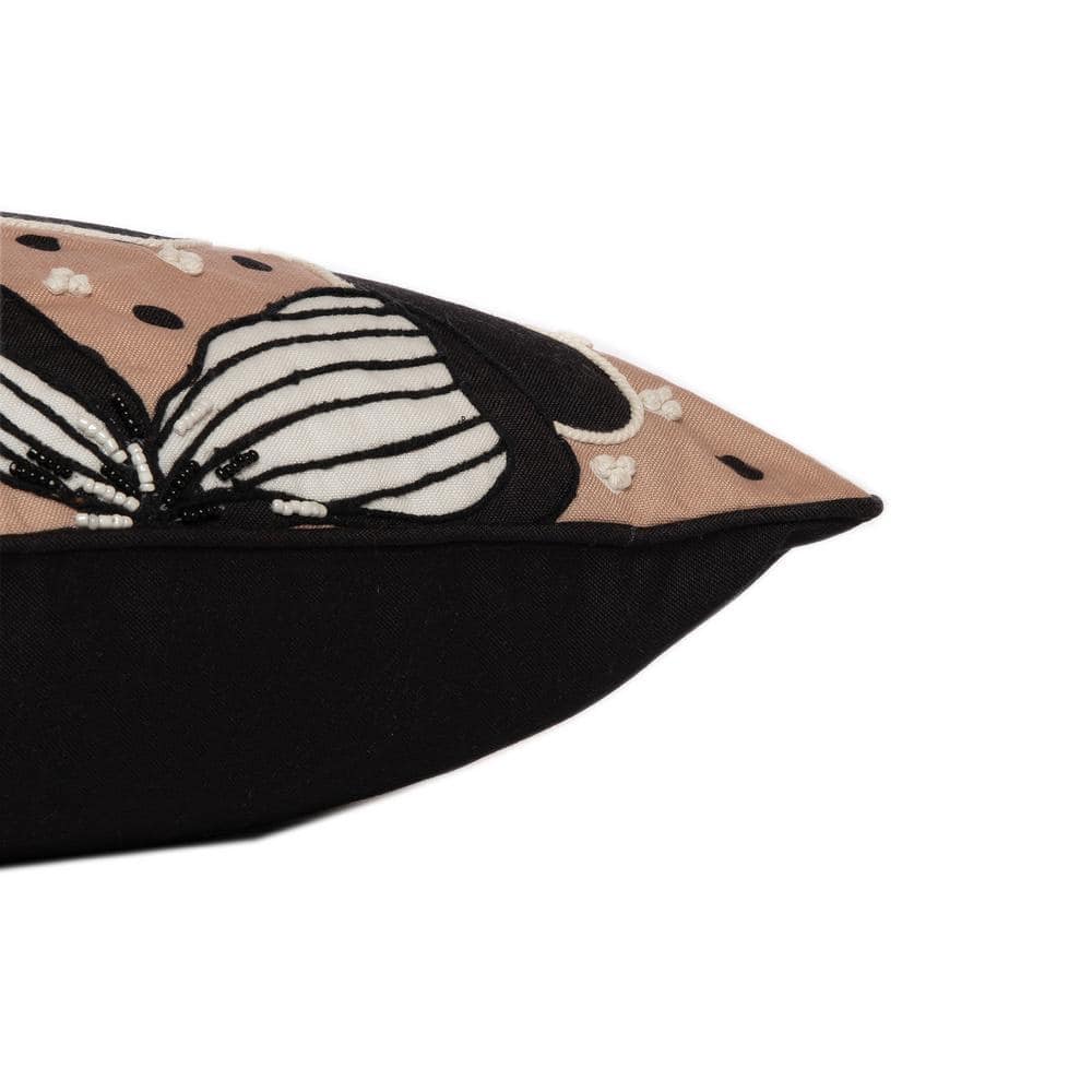 20" Beige and Black Embroidered Floral Polyester Throw Pillow