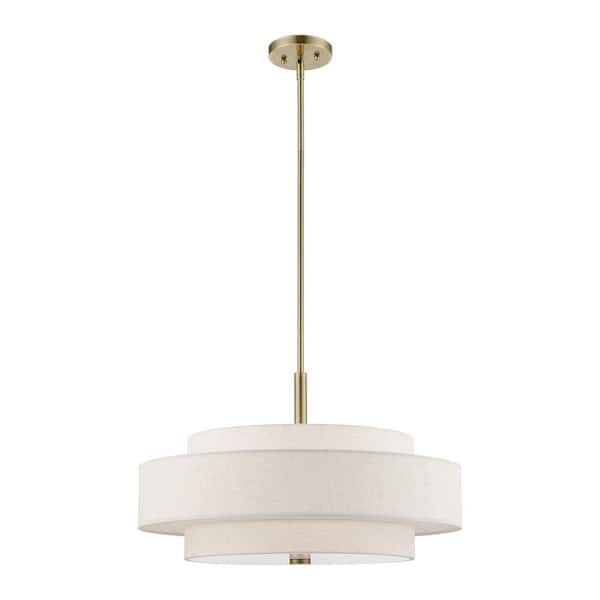 Livex Lighting Monroe 5-Light Antique Brass Pendant Chandelier with Oatmeal Fabric Shade
