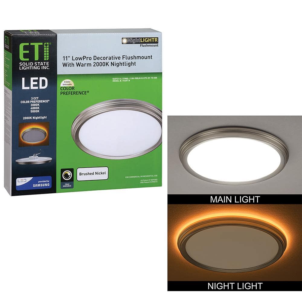 11" Brushed Nickel LED Ceiling Light Fixture with Nightlight