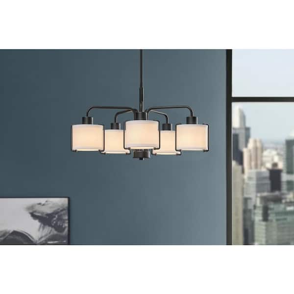 Home Decorators Collection Brookley 5-Light Matte Black Shaded Chandelier with White Fabric Shades