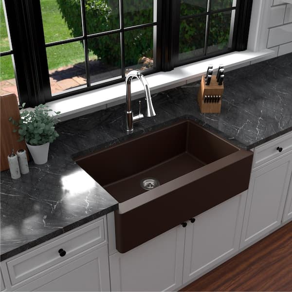 Karran Farmhouse/Apron-Front Quartz Composite 34 in. Single Bowl Kitchen Sink in Brown