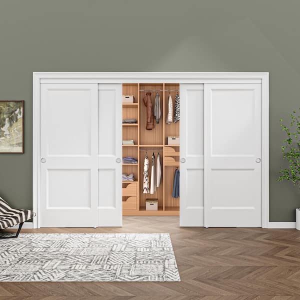 120 in. x 80 in. Paneled 2-Lite White Primed MDF Composite Sliding Door with Hardware