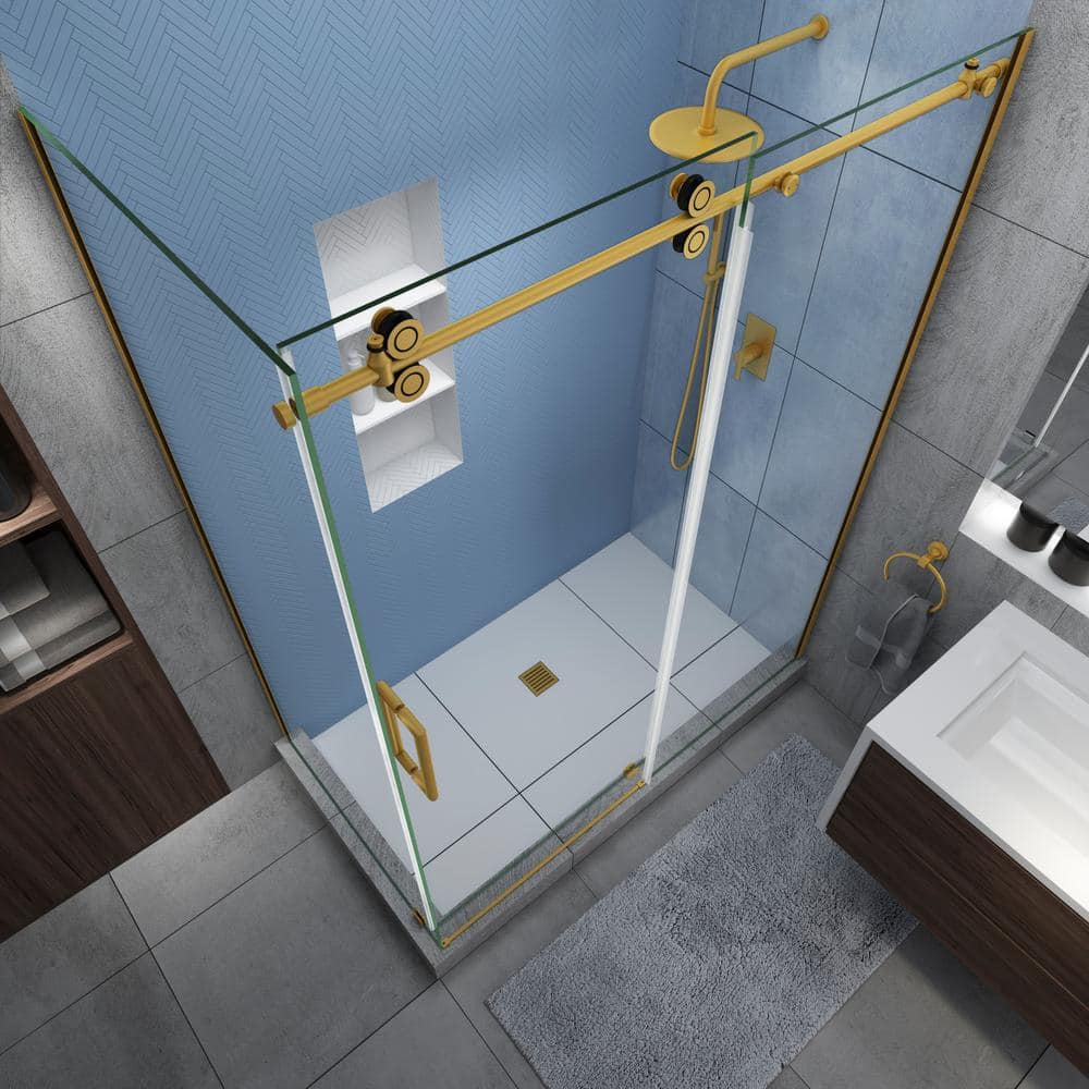 Langham XL Brushed Gold Frameless Sliding Shower Enclosure with Clear Glass