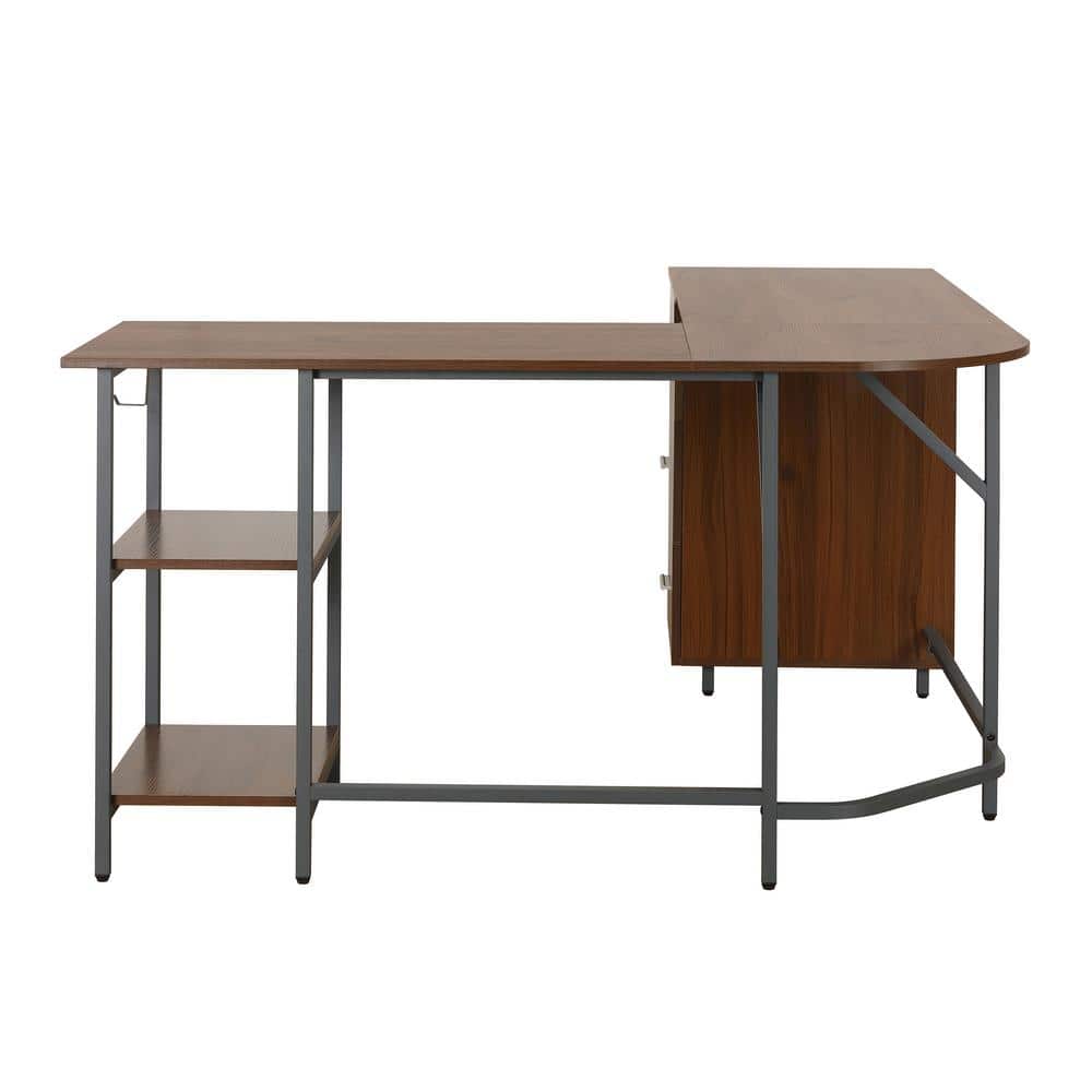 Rustic Walnut Wood Corner Gaming Desk with Drawer Storage