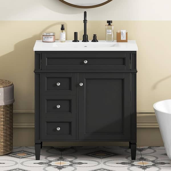 30 in. Single Sink Freestanding Black Bath Vanity with White Ceramic Top, Adjustable Shelf Tip-out Drawer, 2 Drawers