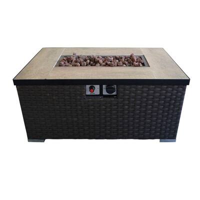 Brown Rectangle Metal Gas Fire Pit Table with Woven Frame and Lava Rocks