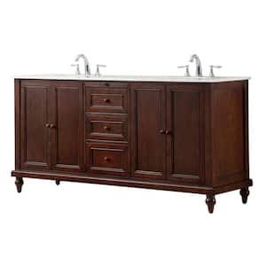 Classic 70 in. Double Vanity in Dark Brown with White Marble Vanity Top in White with White Basins