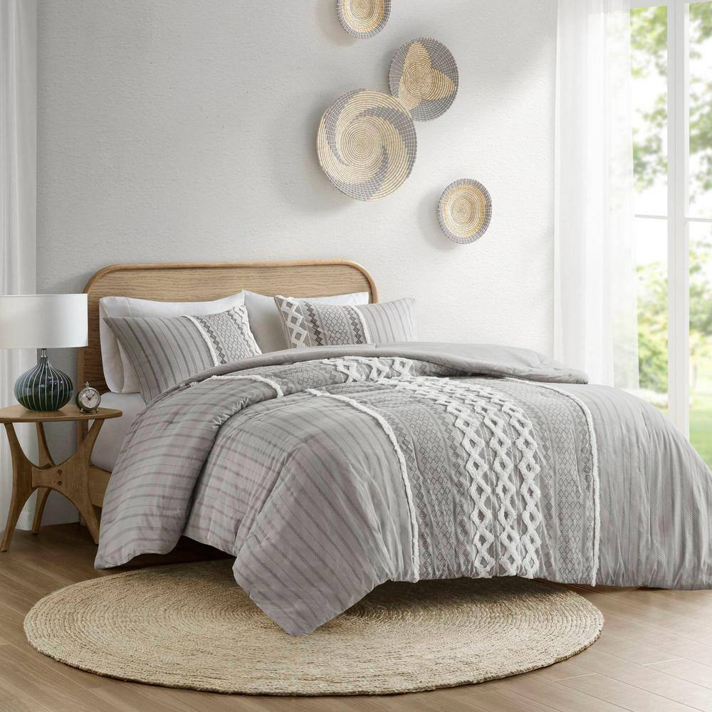 Gray Full Cotton Reversible Comforter Set with Chenille