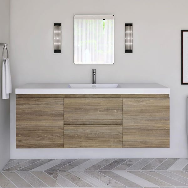 60 in. W x 20 in. D x 22 in. H Single Sink Floating Bath Vanity in Ash Grey with Glossy White Resin Top
