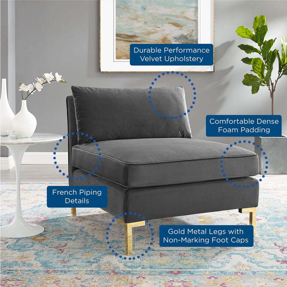 Gray Velvet Armless Chair with Gold Metal Legs