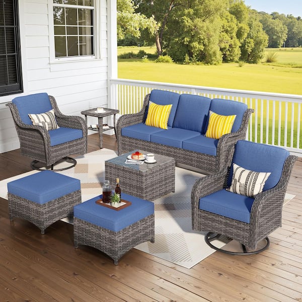 Clario 7-Piece Wicker Patio Seating Conversation Set with Denim Blue Cushion and 360° Rocking Swivel Chair for Backyard