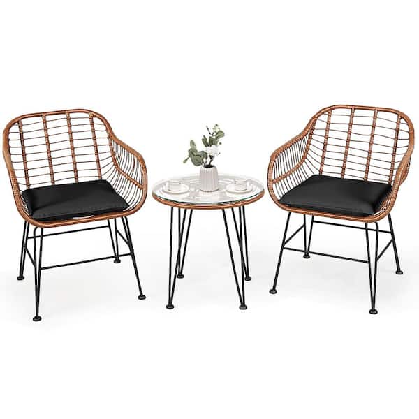 Costway 3-Piece Wicker Patio Rattan Bistro Set Coffee Table Armchair Garden Black Cushion