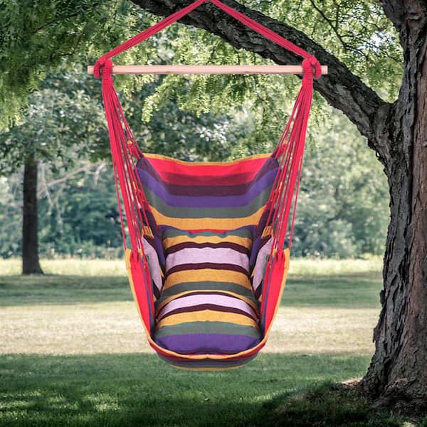 cenadinz 4 ft. Distinctive Cotton Canvas Hanging Rope Chair with Pillows Rainbow H D0102HEC8UV The Home Depot