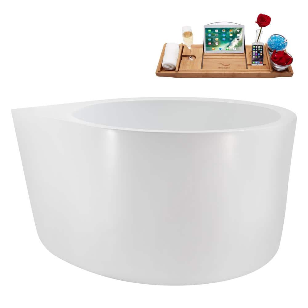 47" Glossy White Acrylic Freestanding Soaking Bathtub with Polished Chrome Drain and Bamboo Tray