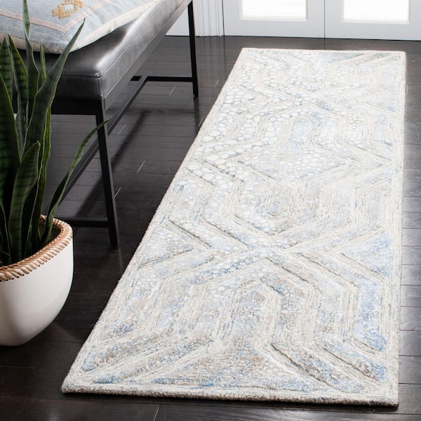 Restoration Vintage 2 ft. x 8 ft. Blue/Ivory Garden Geometric Runner Rug