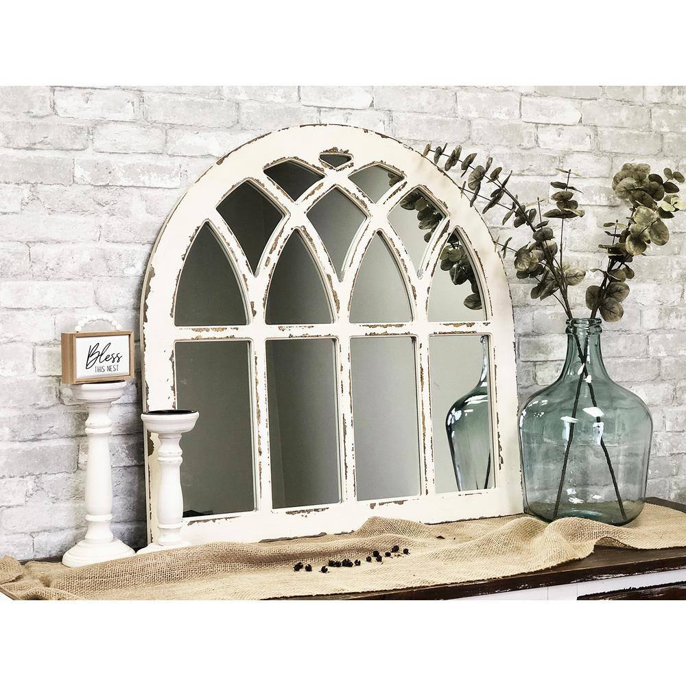 Distressed White and Gold Arched Wood Wall Mirror