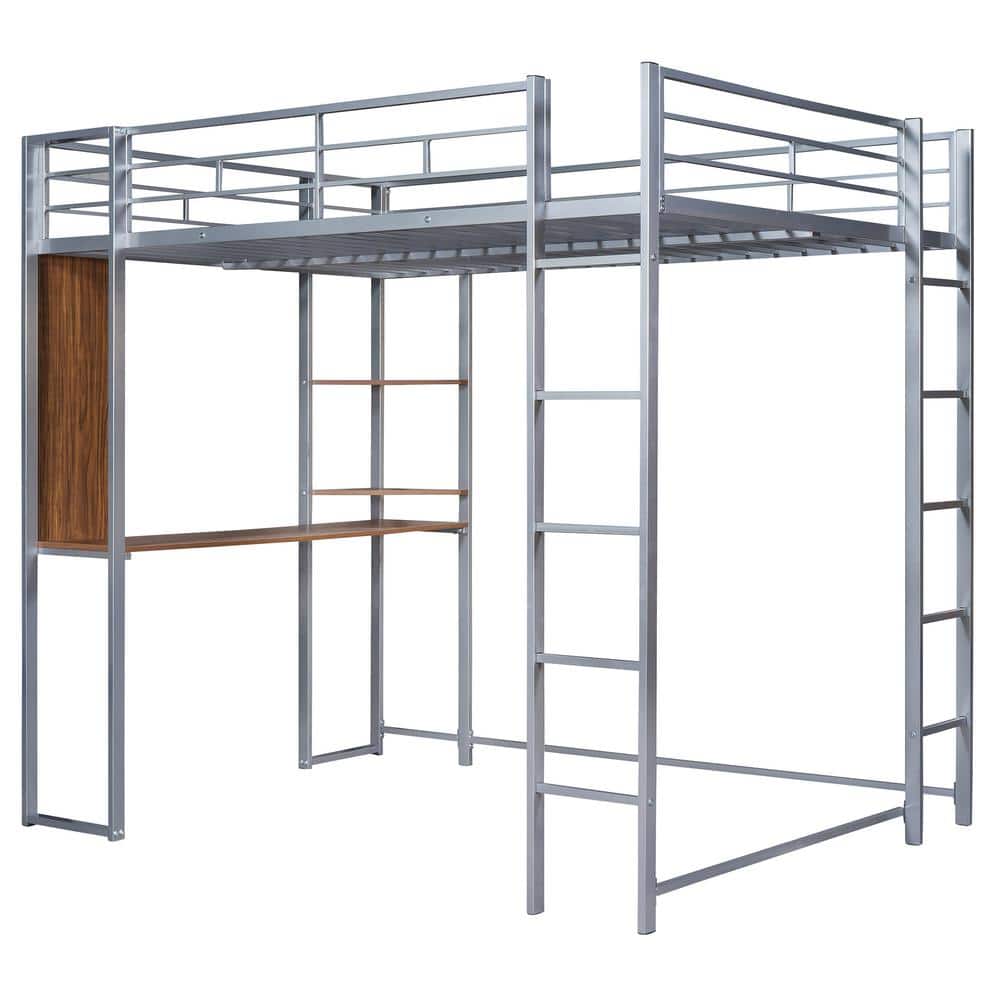 Silver Full Size Metal Loft Bed with 2-Shelves and 1-Desk -