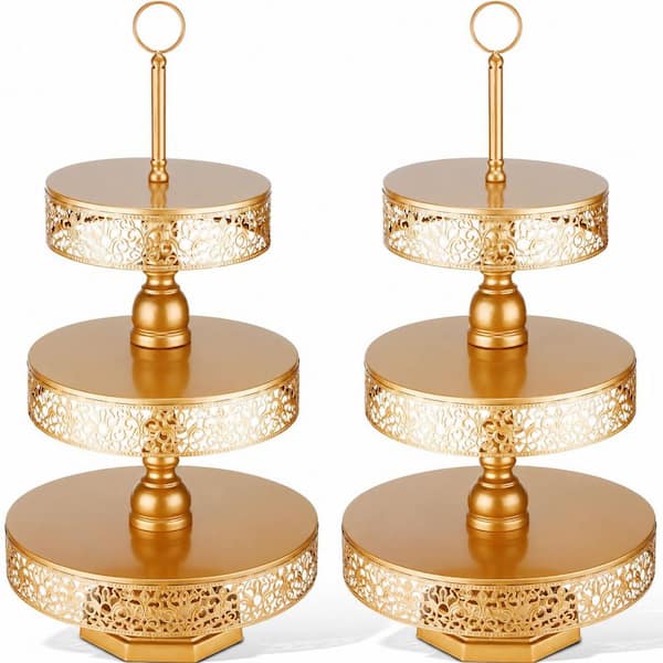 2-Piece Set of 3-Tier Round Metal Dessert Stands with Gold Finish and Tiered Serving Trays for Cupcakes