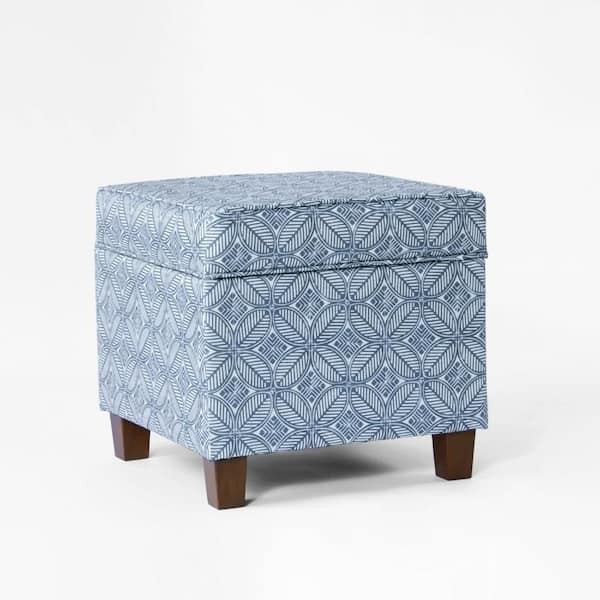 Benjara Pyp Indigo Blue and Walnut Brown Polyester Square Storage Ottoman