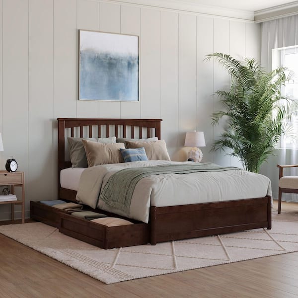 AFI Everett Walnut Brown Solid Wood Frame Full Platform Bed with Panel Footboard and Storage Drawers