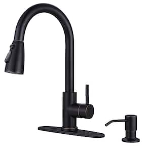Stainless Steel Single Handle Pull Out Sprayer Kitchen Faucet with Deckplate and Soap dispenser in Oil Rubbed Bronze