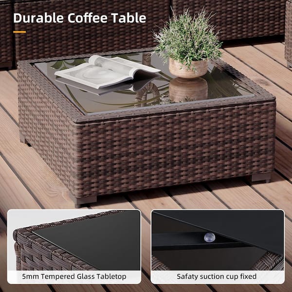 5-Piece Wicker Patio Conversation Seating Set with Navy Blue Cushions and Coffee Table