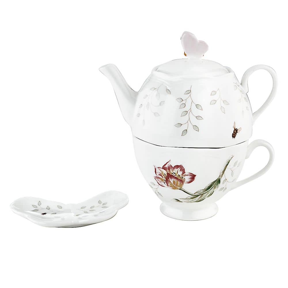 Lenox Butterfly Meadow 2-Cup White Porcelain Tea Pot Set with Tea