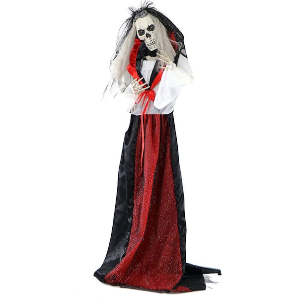 Haunted Hill Farm 5.5 ft. Animatronic Moaning Skeleton Bride Halloween Prop, Flashing Red Eyes, Indoor/Covered Outdoor,Battery-Operated