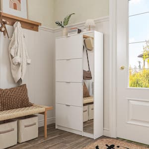 Wood Shoe Storage Cabinet with Mirrored Door Shoe Organizer, 4-Drawers for Entryway Bedroom Hallway Fits up to 28-Shoes