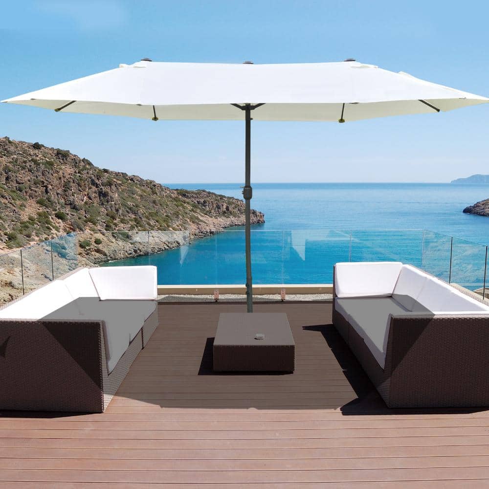15 ft. Steel Double-Sided Market Patio Umbrella with Crank Lift and Cross Base in Beige (Sand bags included)