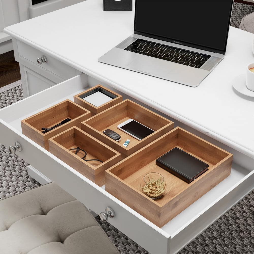 Modular Bamboo 5-Compartment Desk Drawer Organizer