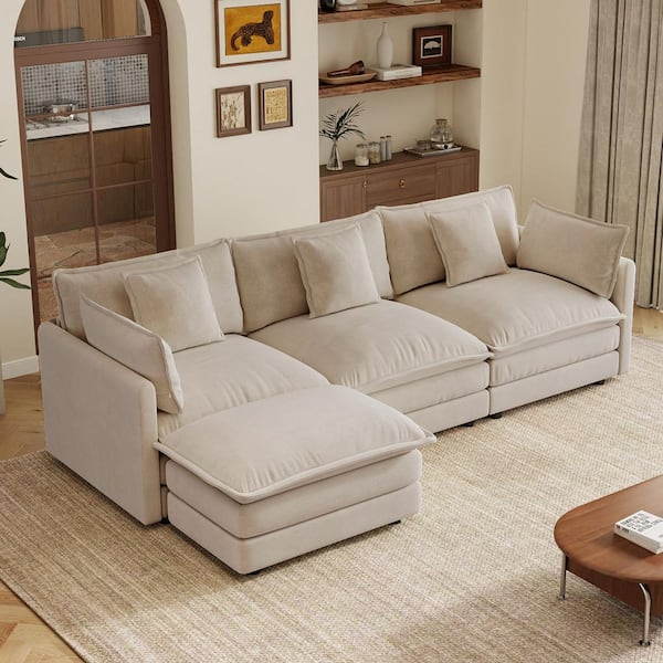Modern 103.8 in. Square Arms Chenille L-Shaped Sectional Sofa in Light Coffee with Ottoman