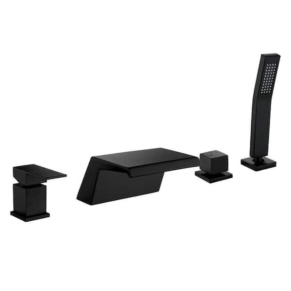 AIMADI Single-Handle Waterfall Deck-Mount Roman Tub Faucet with Hand Shower 4-Hole Brass Bathtub Fillers in Matte Black