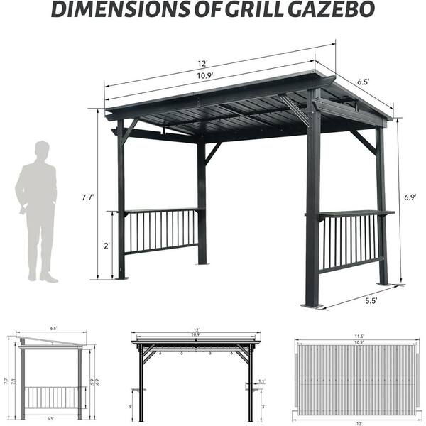 Gray 6.5 ft. x 12 ft. Hardtop Gazebo Canopy with 2 Side Shelves