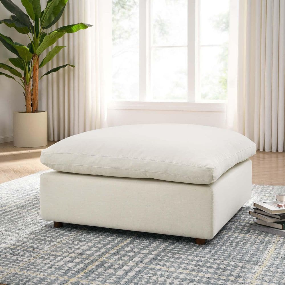 Commix Plush Light Beige Overstuffed Ottoman with Linen Texture