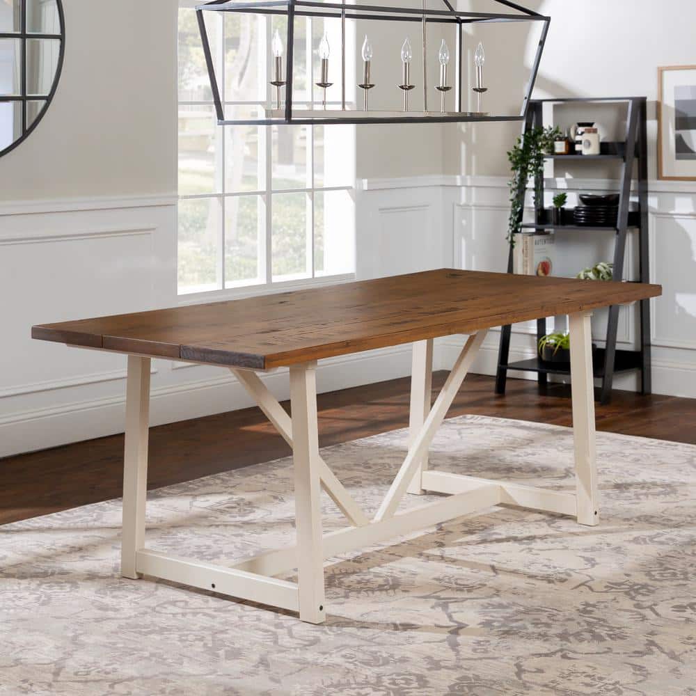 72" Rustic Oak and White Solid Wood Trestle Dining Table