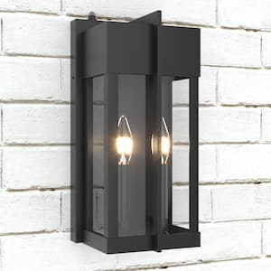 Montpelier Black 13 in. H 2-Light Outdoor Hardwired Water Glass Wall Lantern Sconce with Dusk to Dawn
