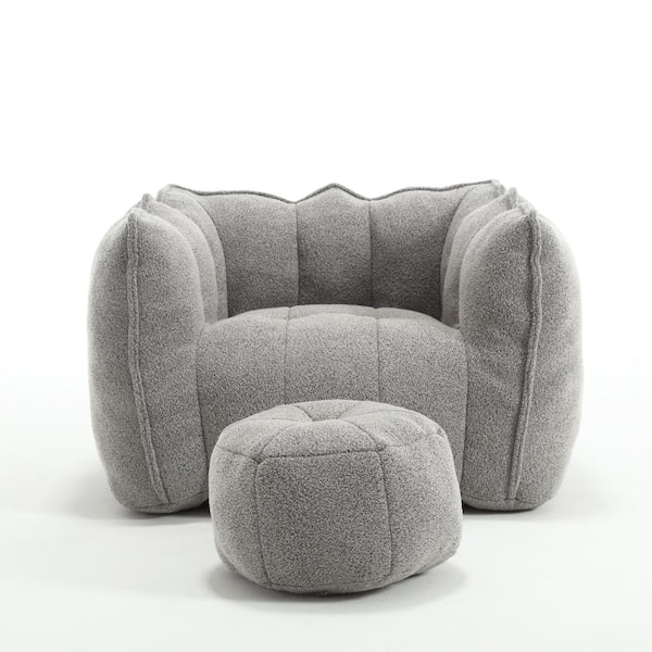 Grey Chenille Large Bean Bag with Footstool for Adults, Soft Foam Filled Square Lazy Sofa for Living Room Bedroom