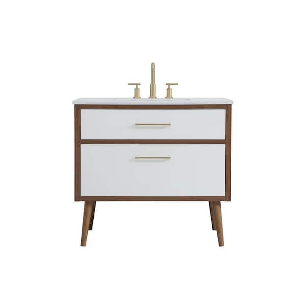 Unbranded Simply Living 36 in. W x 22 in. D x 33.5 in. H Bath Vanity in White with Ivory White Engineered Marble Top