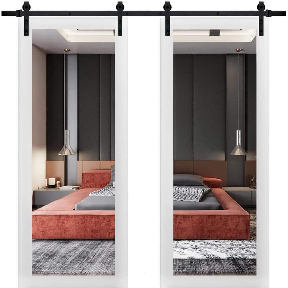 Assemble Required 30 in. x 96 in. 2-Panel Mirrored Glass White Solid Wood Sliding Barn Door with Hardware Kit price history on PriceWatchPro