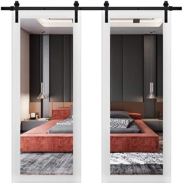 36 in. x 80 in. 2 Panel Mirrored Glass White Solid Wood Sliding Barn Door with Hardware Kit