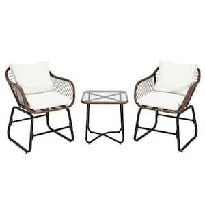 18.5 in. Brown 3-Piece Patio Wicker Square Outdoor Bistro Set with White Cushions