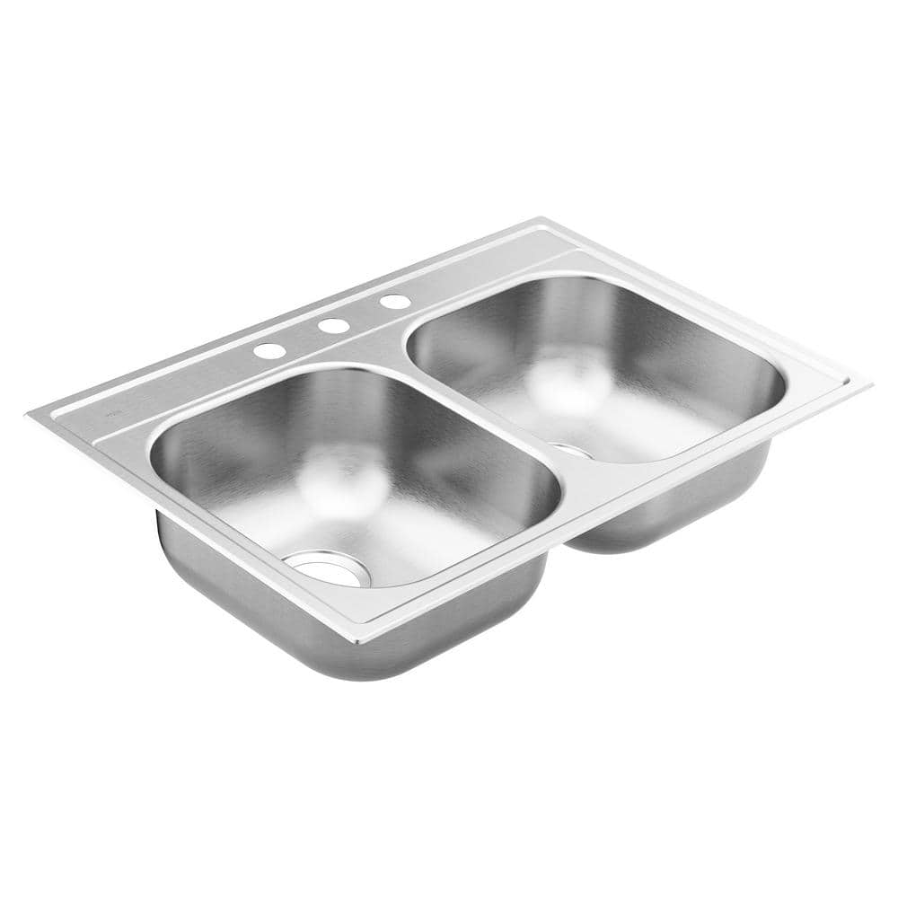 2000 Series Stainless Steel 33 in. 3-Hole Double Bowl Drop-In Kitchen Sink with 7 in. Depth