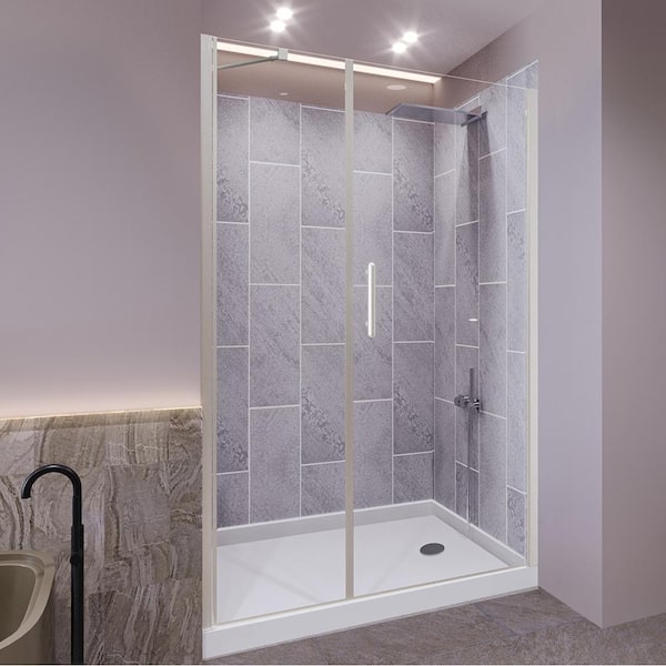 Slate Grey-Salishan 48 in. L x 32 in. W x 83 in. H Base/Wall/Door Rectangular Alcove Shower Stall/Kit Chrome Center