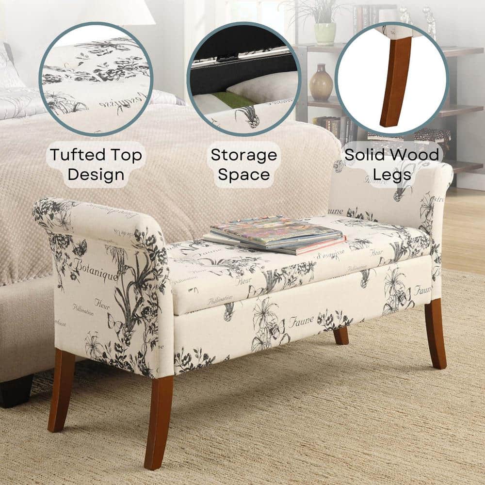 Beige Botanical Fabric Tufted Storage Bench with Rolled Armrests