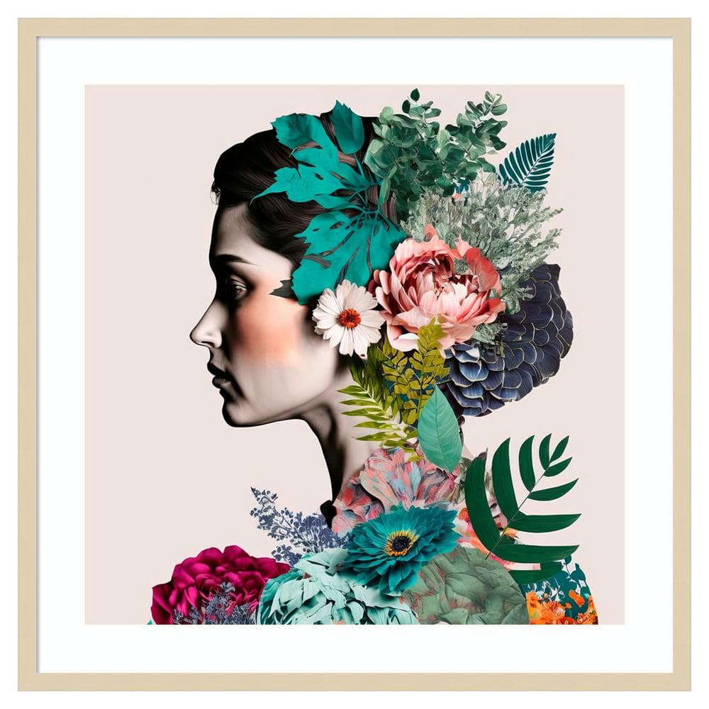 Floral Profile Abstract Expressionism Giclee Print in Natural Frame