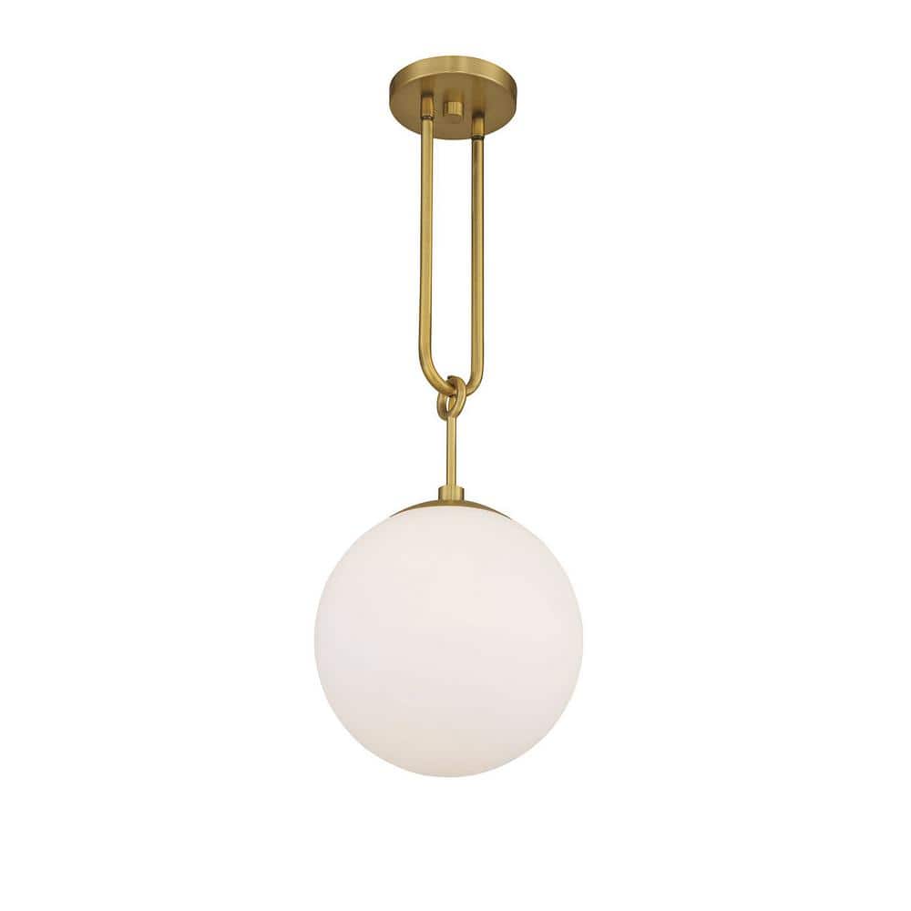Becker Mid-Century Warm Brass Globe Pendant with White Glass